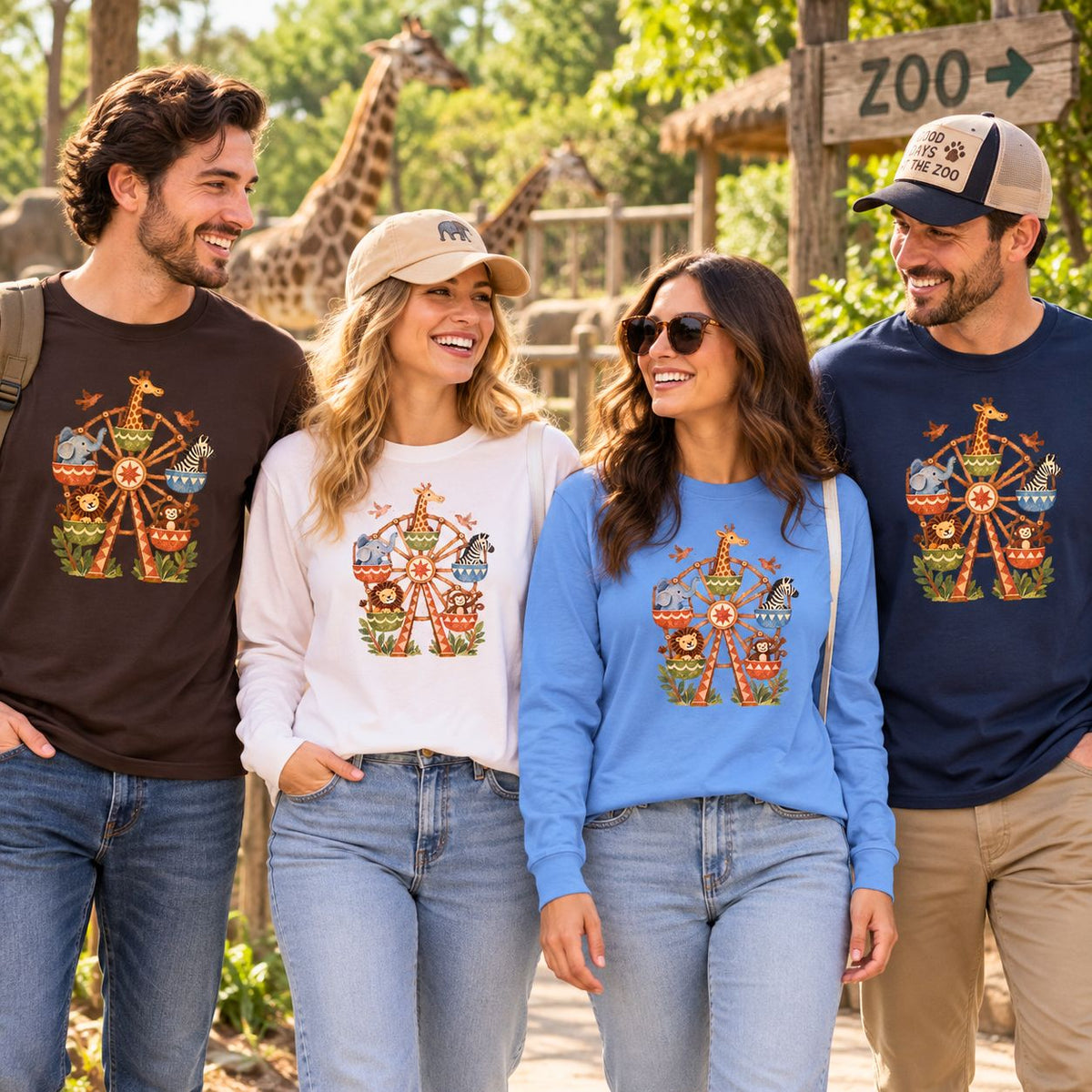 Vintage Safari Ferris Wheel Long Sleeve Shirt, Whimsical Zoo Animal Tee, Retro Storybook Graphic, Unisex Animal Lover Gift