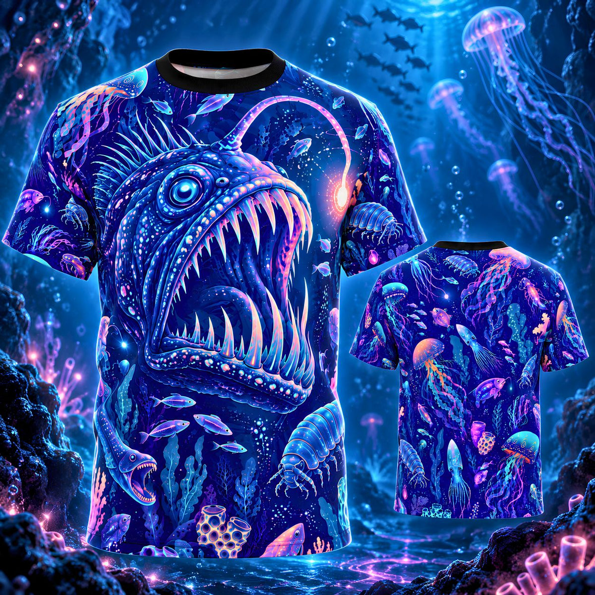 The Deep End Anglerfish Shirt | Bioluminescent Deep Sea Creatures | All Over Print Ocean Horror Tee | Weird Marine Life Gift