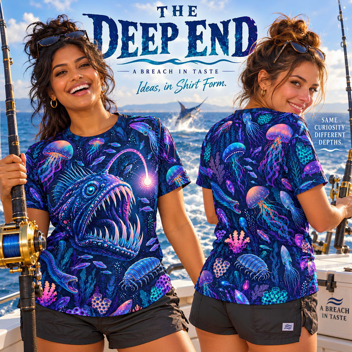 The Deep End Anglerfish Shirt | Bioluminescent Deep Sea Creatures | All Over Print Ocean Horror Tee | Weird Marine Life Gift