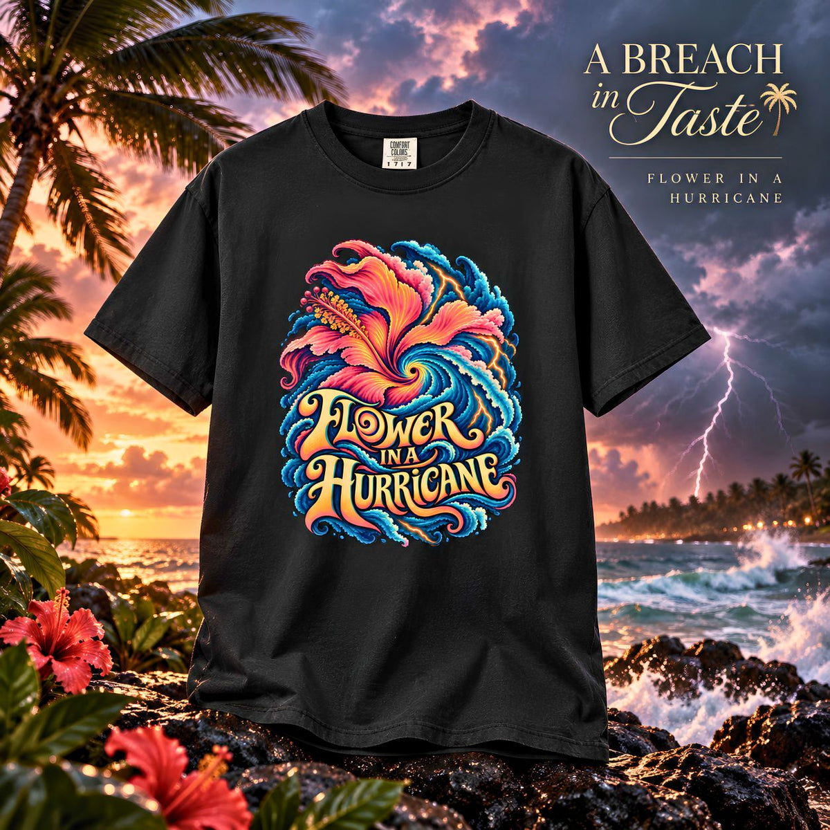 Flower in a Hurricane Shirt | Psychedelic Hibiscus Graphic Tee | Comfort Colors 1717
