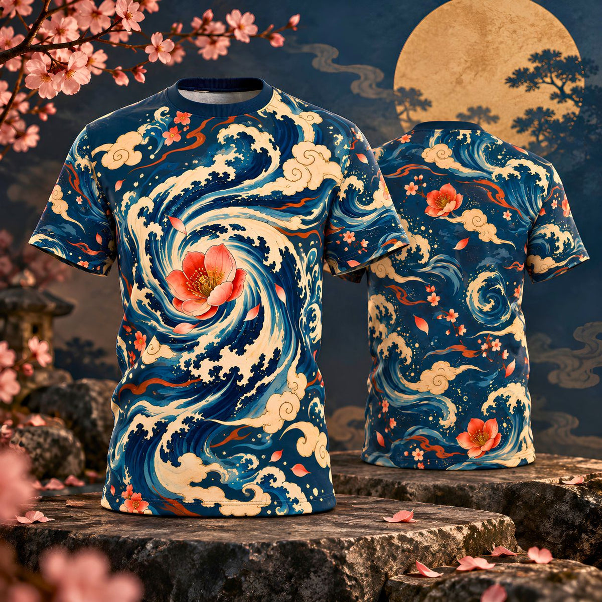 Flowers in a Hurricane Shirt | Japanese Wave Art All Over Print Tee | Floral Storm Graphic T-Shirt | Ukiyo-e Inspired Ocean Design