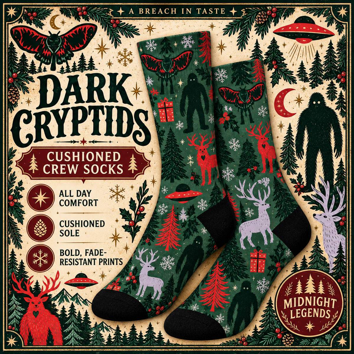 Dark Cryptid Christmas Crew Socks | Bigfoot & Mothman