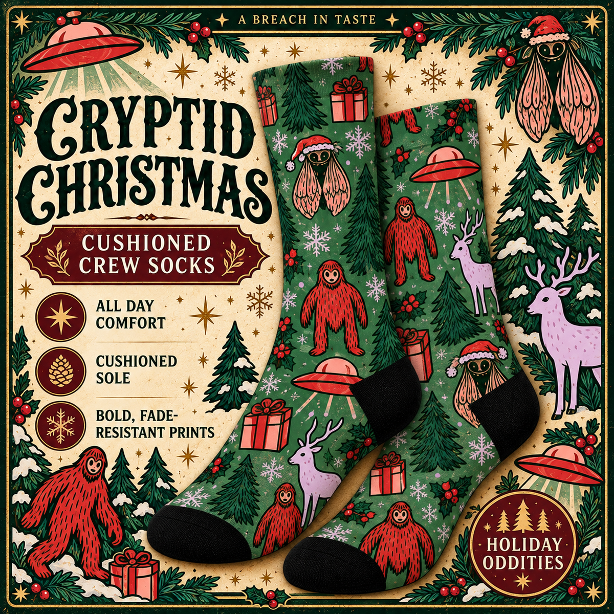 Cryptid Christmas Crew Socks | Bigfoot Mothman UFO Holiday