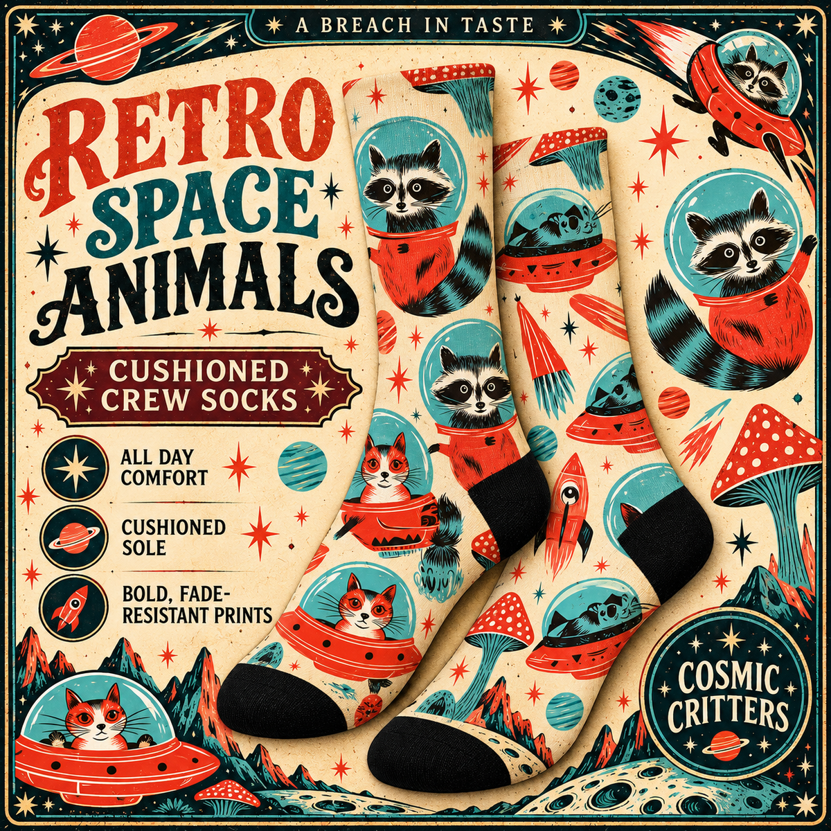 Retro Space Animal Crew Socks | Astronaut Raccoons Cats UFOs