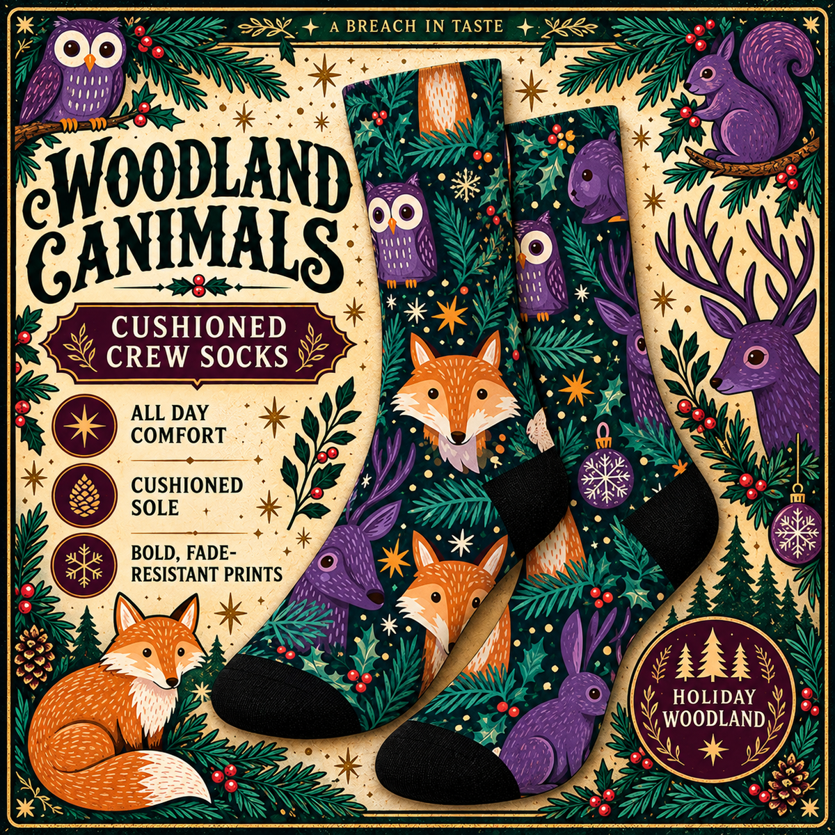 Woodland Animal Christmas Crew Socks | Fox Owl Reindeer Print