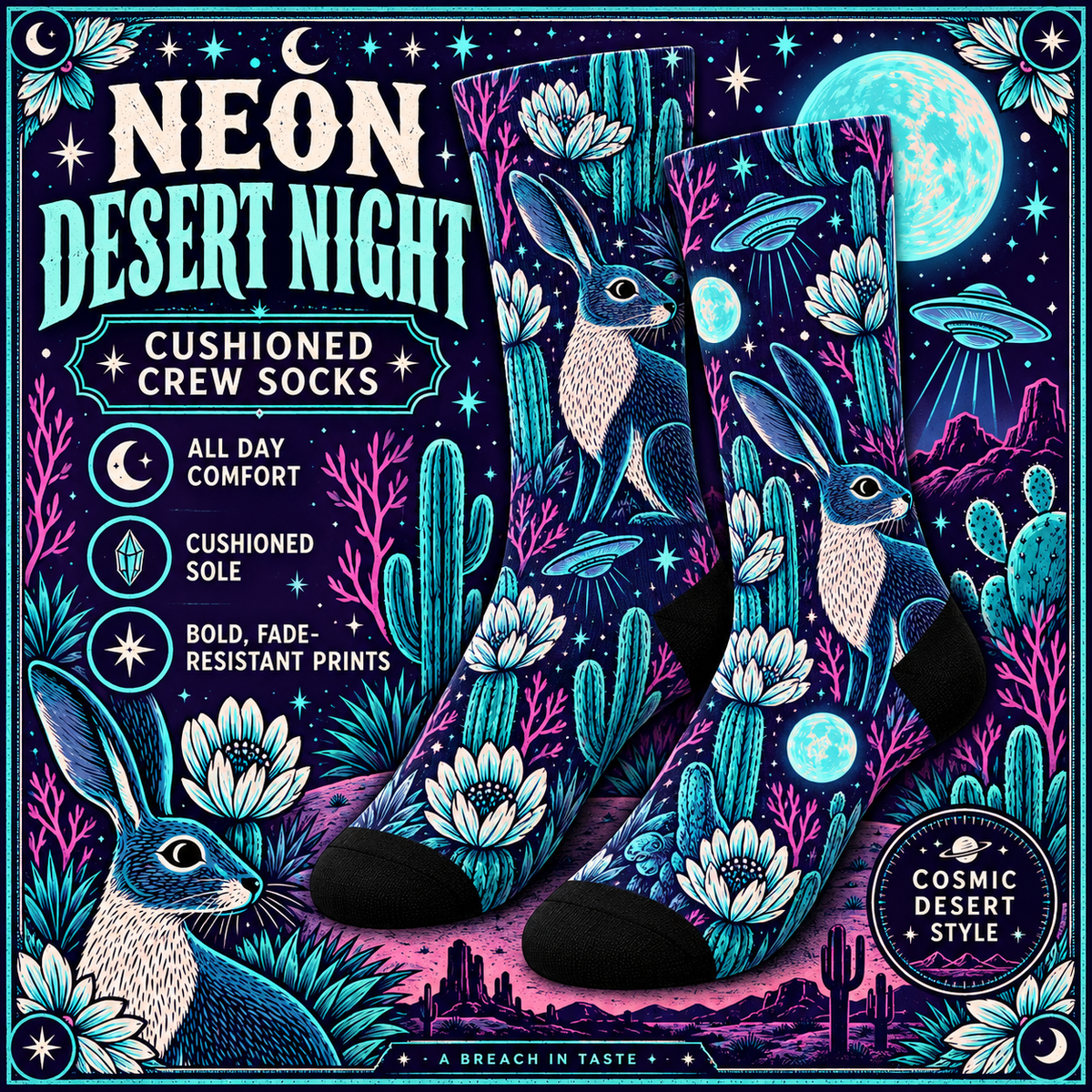 Neon Desert Night Crew Socks | Blue Jackrabbit UFO Cactus