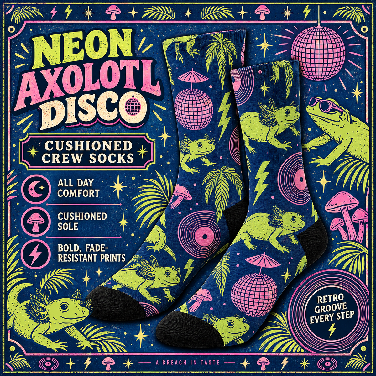 Neon Axolotl Disco Crew Socks | Lime Pink Retro Dance Print