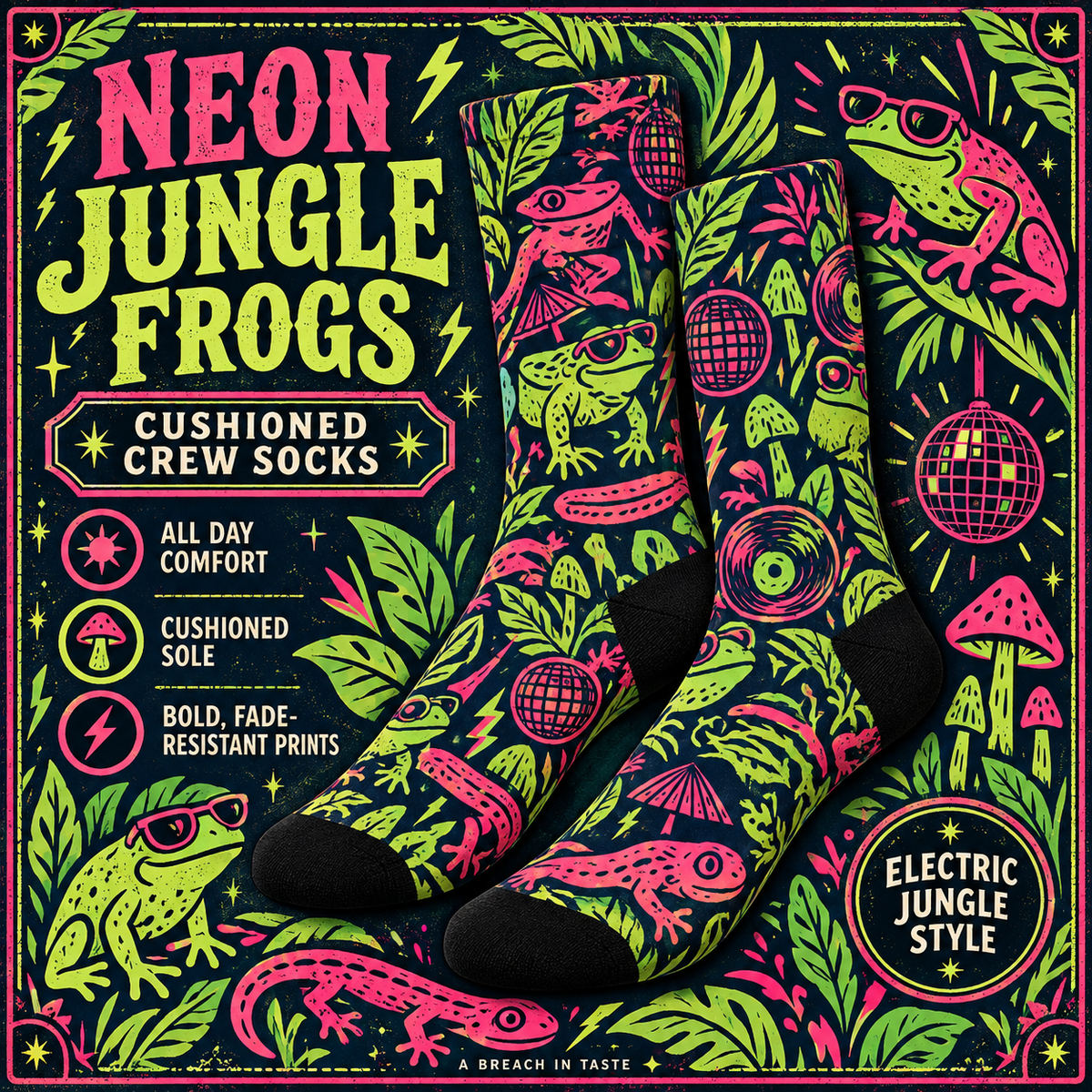 Neon Jungle Frog Crew Socks | Hot Pink Lime Amphibian Print