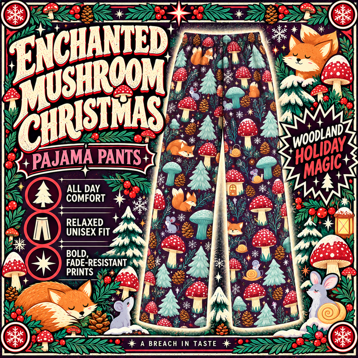 Enchanted Mushroom Christmas Pajama Pants | Forest Village Print