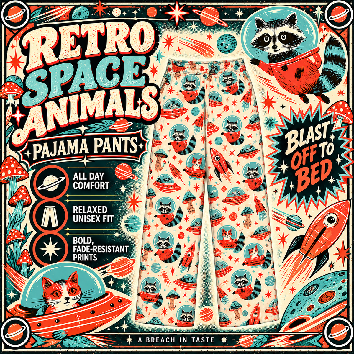 Retro Space Animal Pajama Pants | Astronaut Cats Raccoons UFOs