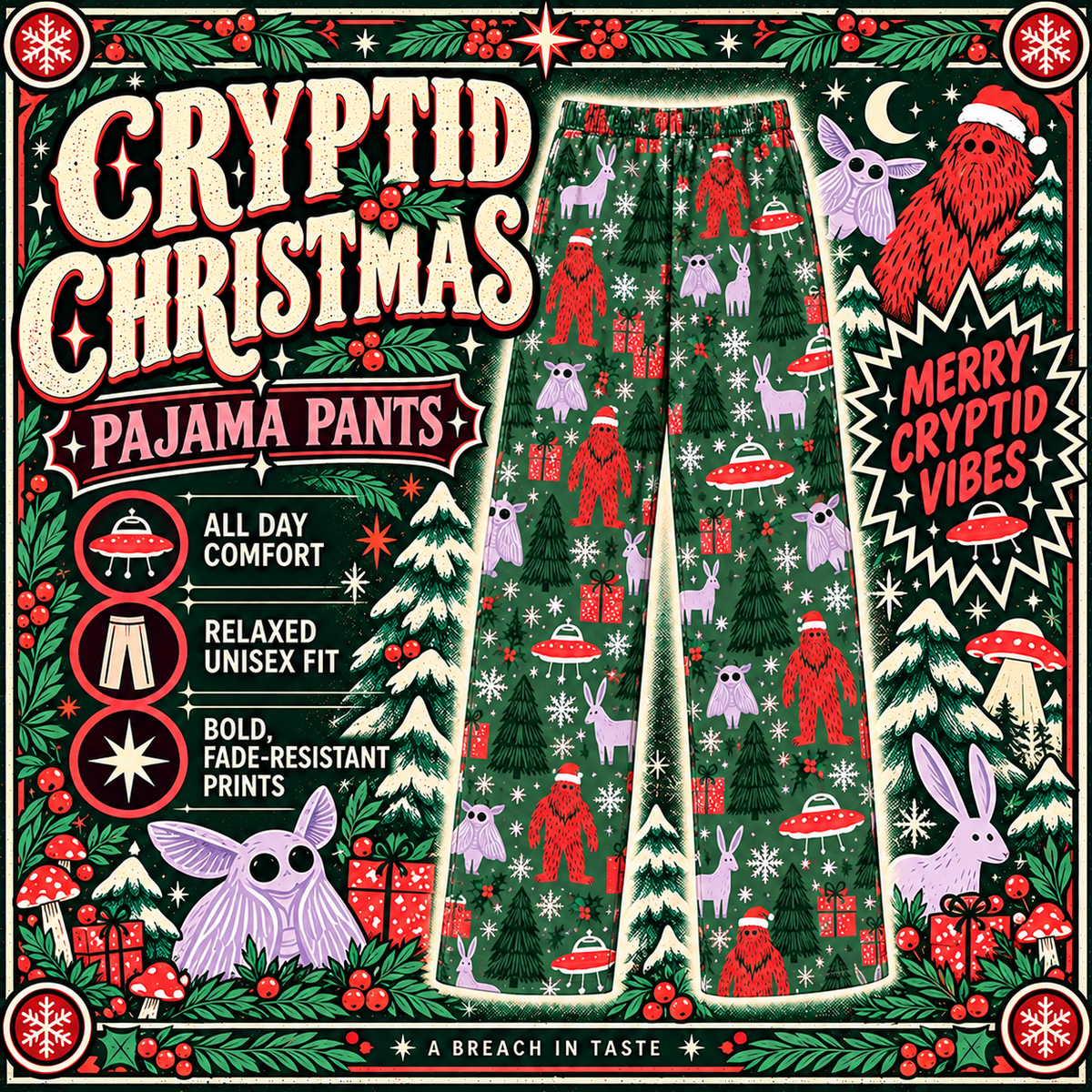 Cryptid Christmas Pajama Pants | Bigfoot Mothman UFO Holiday