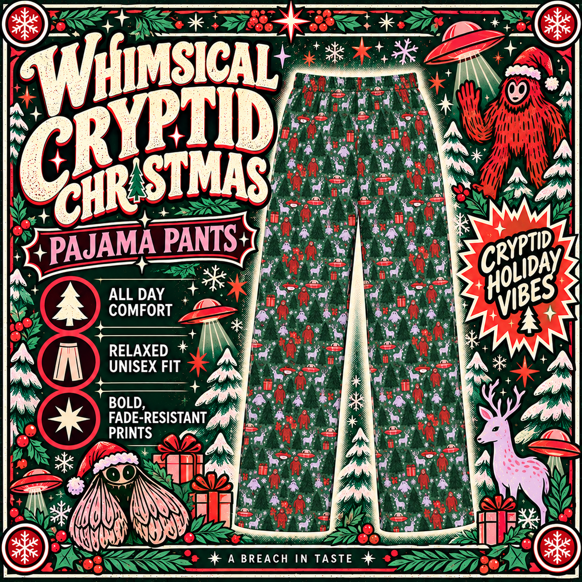 Whimsical Cryptid Christmas Pajama Pants | Bigfoot UFO Print