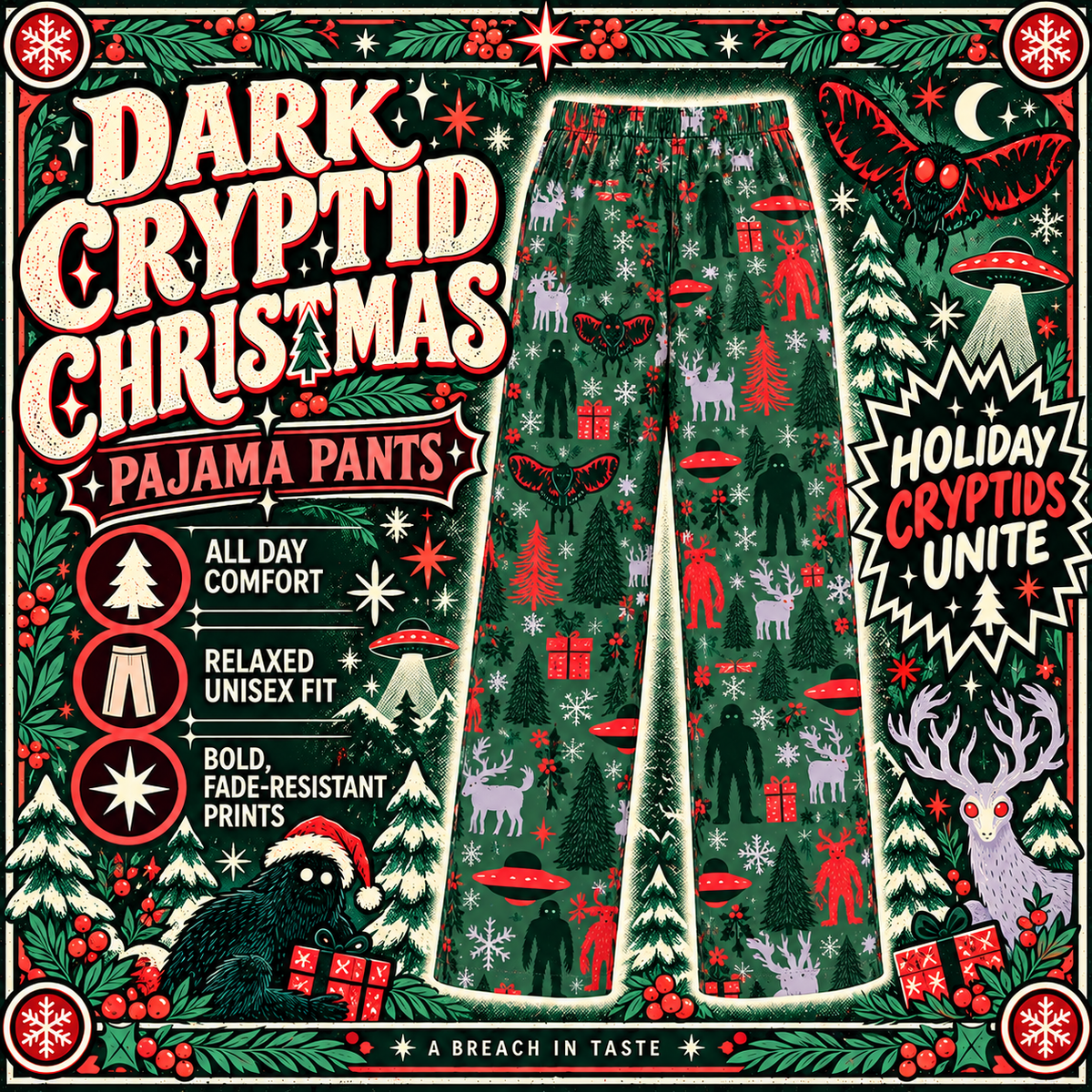 Dark Cryptid Christmas Pajama Pants | Mothman Bigfoot UFO