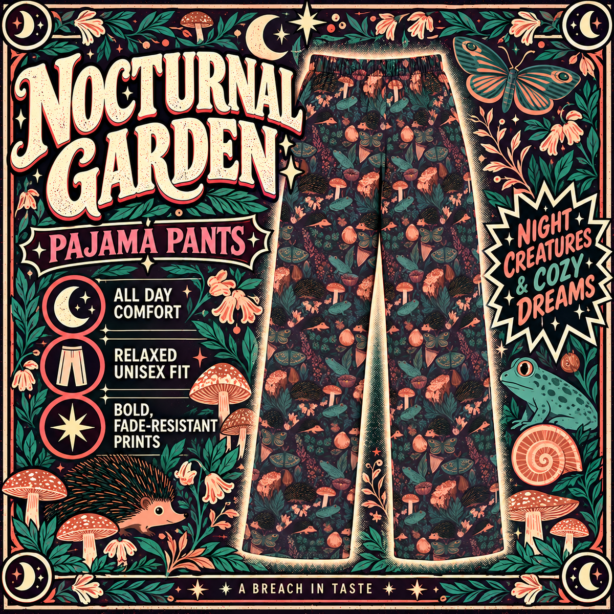 Nocturnal Garden Pajama Pants | Hedgehog Frog Moth Print