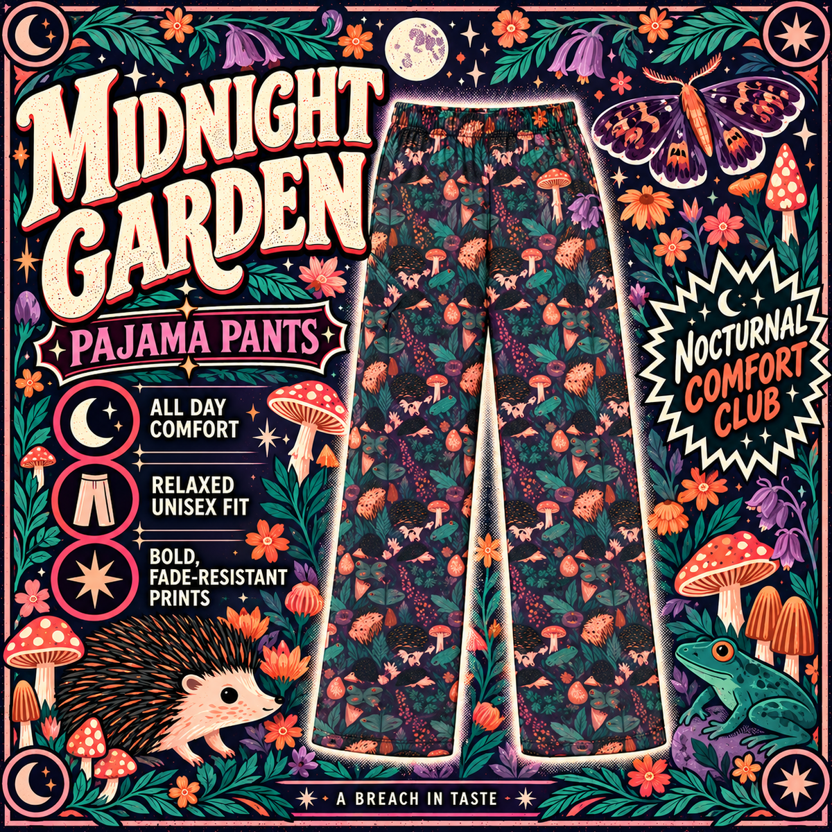 Midnight Garden Pajama Pants | Frogs Moths Hedgehog Floral