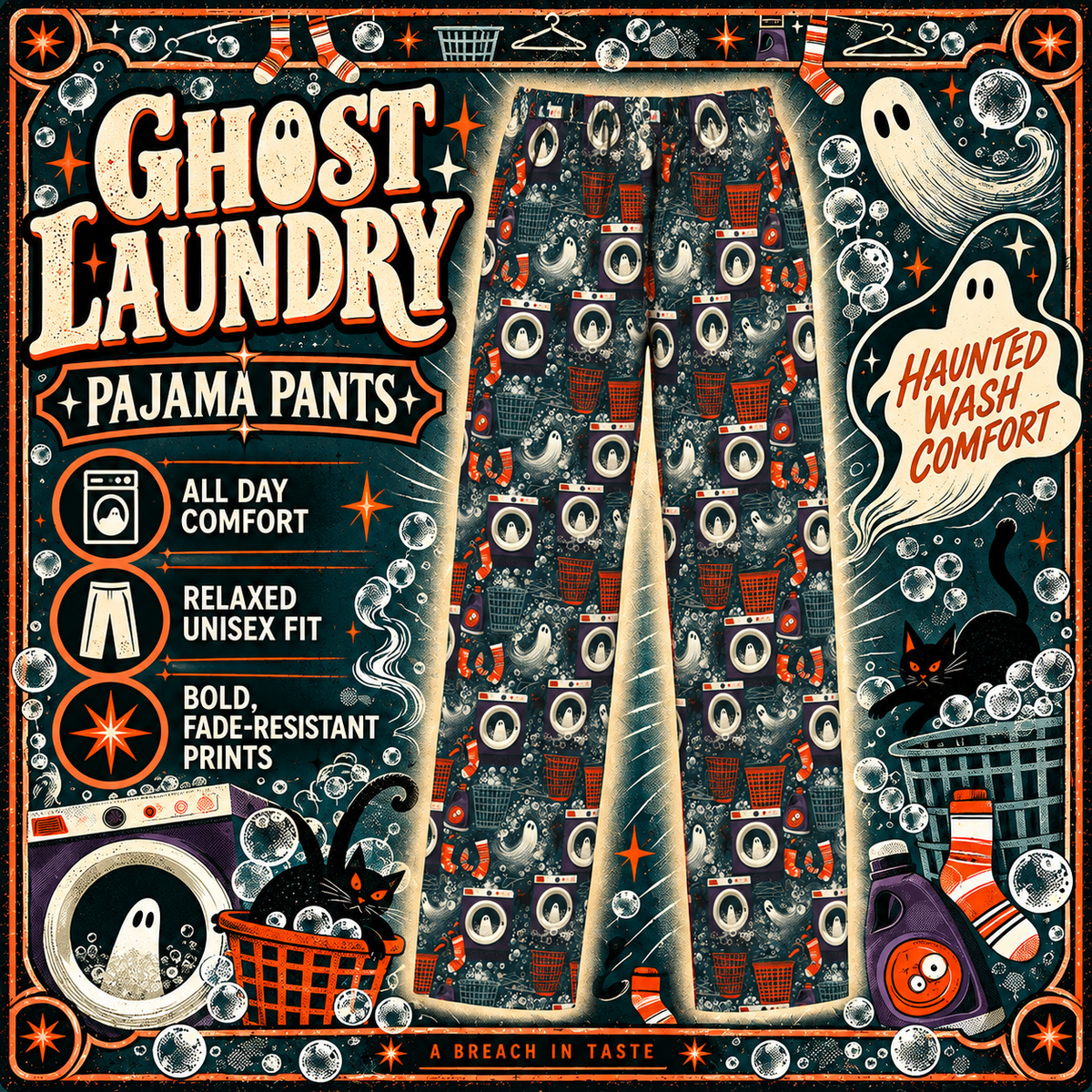 Ghost Laundry Pajama Pants | Haunted Washers & Black Cats