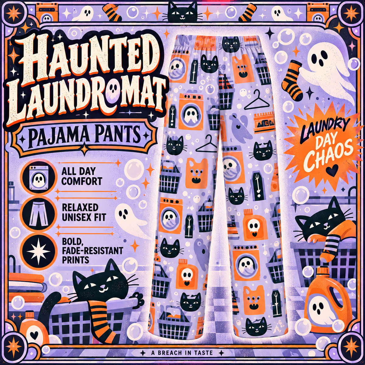 Haunted Laundromat Pajama Pants | Lavender Ghost & Cat Print