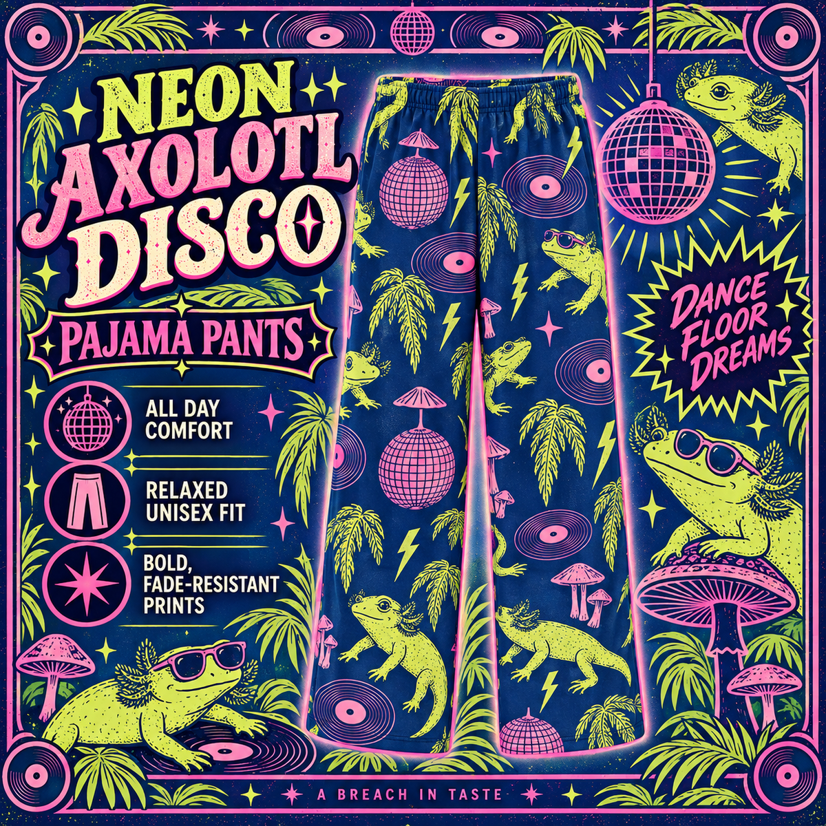 Neon Axolotl Disco Pajama Pants | Lime Pink Dance Print