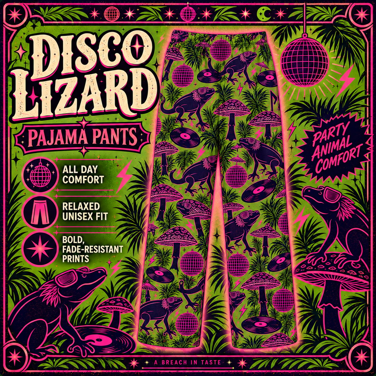 Disco Lizard Pajama Pants | Neon Pink Green Retro Jungle