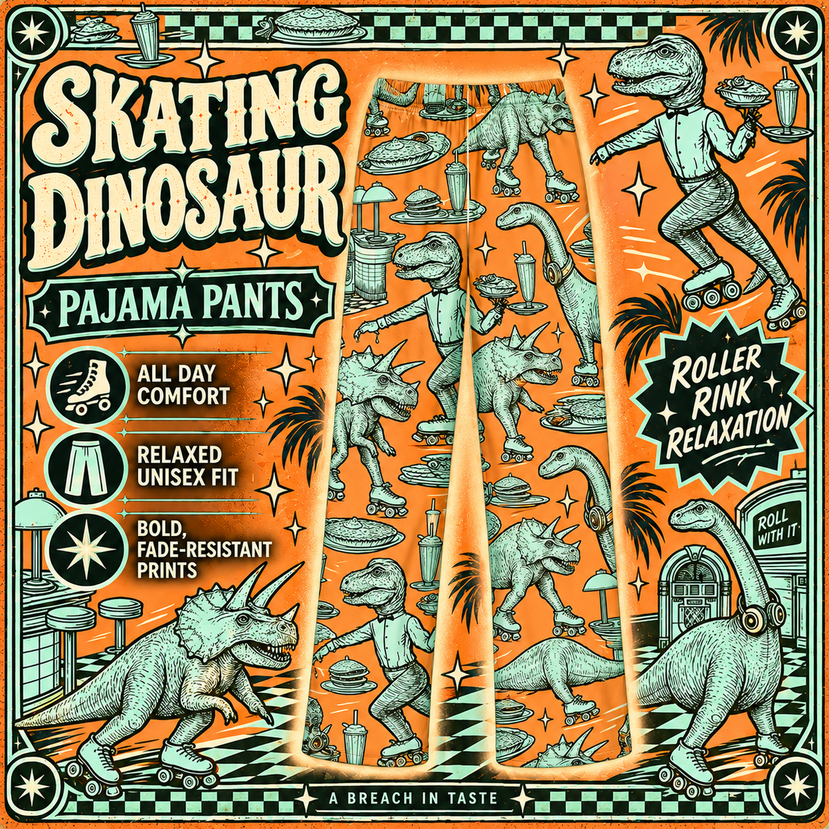 Skating Dinosaur Pajama Pants | Retro Roller Skate Diner