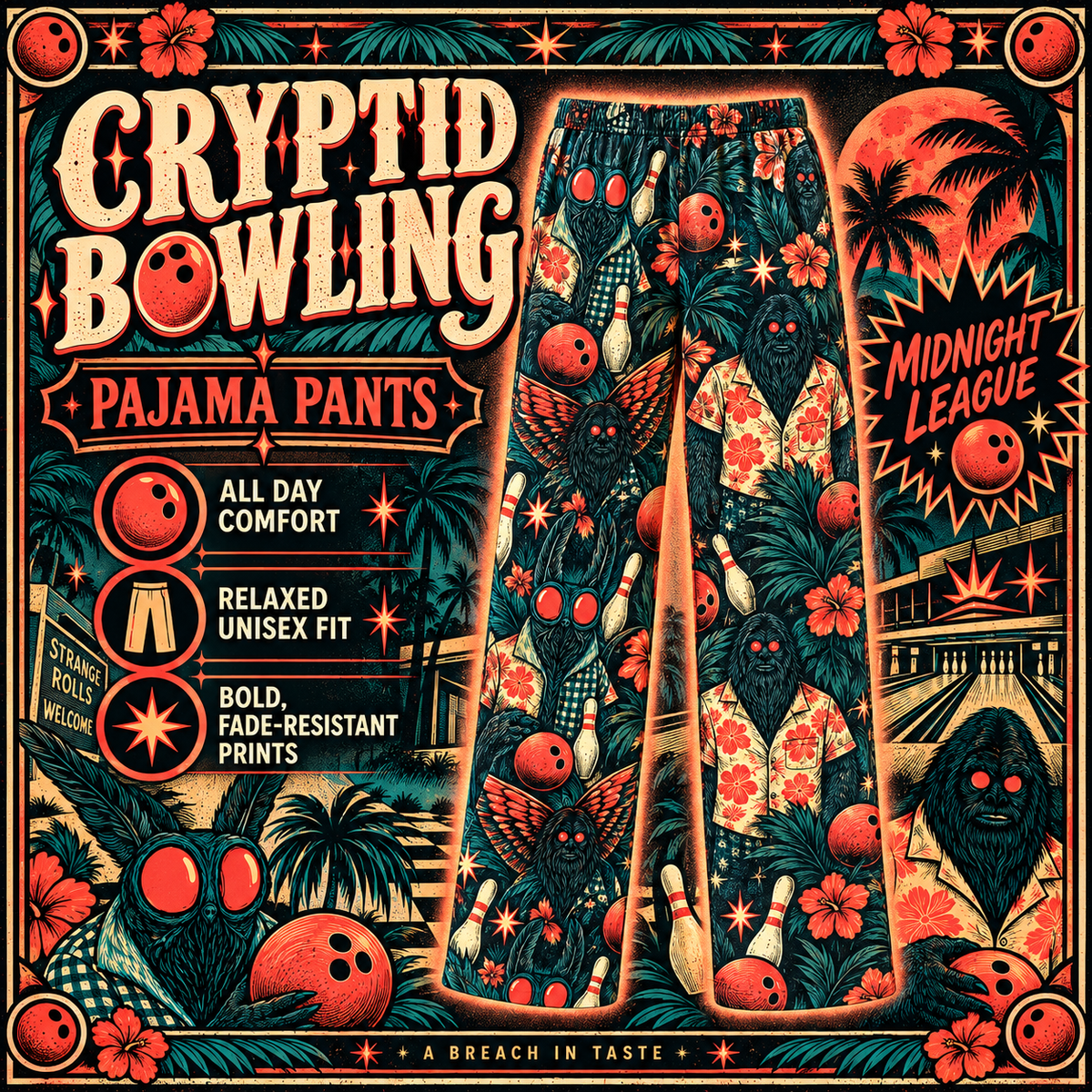 Cryptid Bowling Pajama Pants | Mothman Bigfoot Retro Print