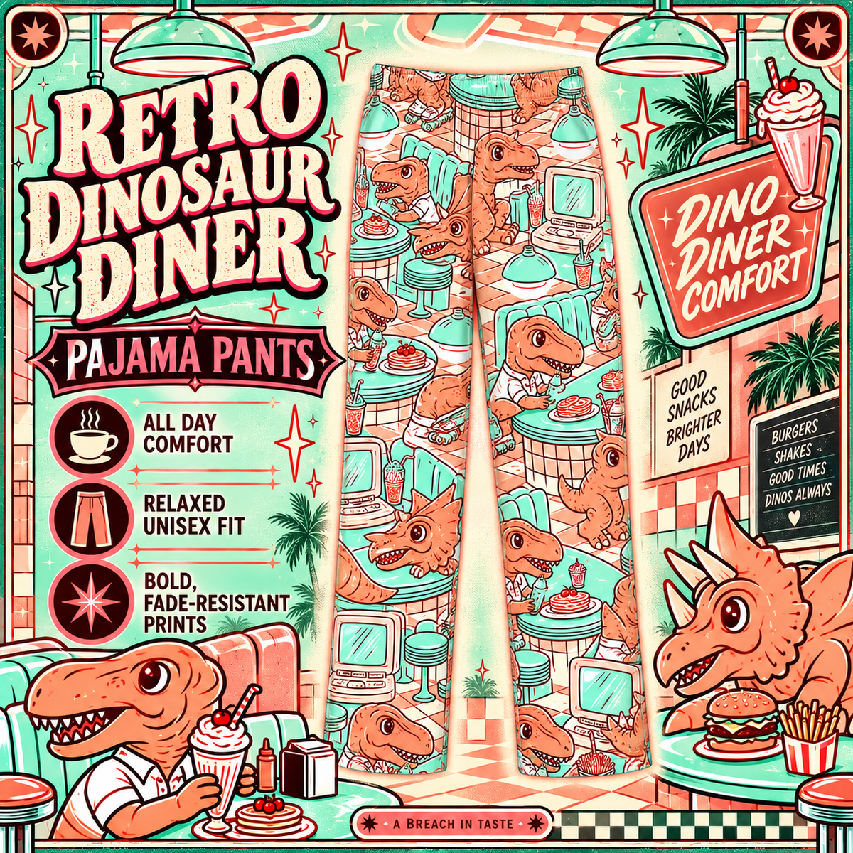 Retro Dinosaur Diner Pajama Pants | Mint Coral Vintage Print