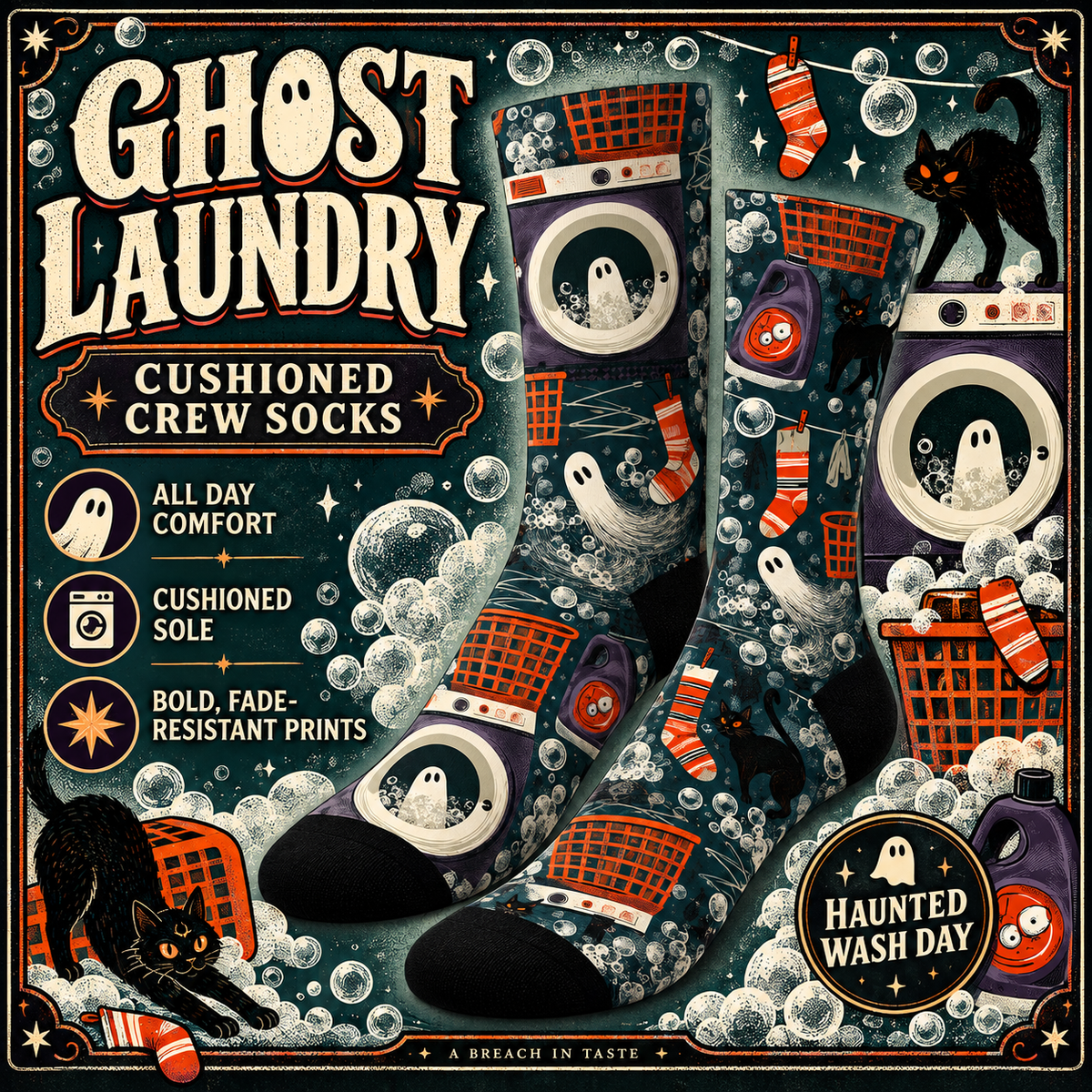 Ghost Laundry Crew Socks | Haunted Washers & Black Cats