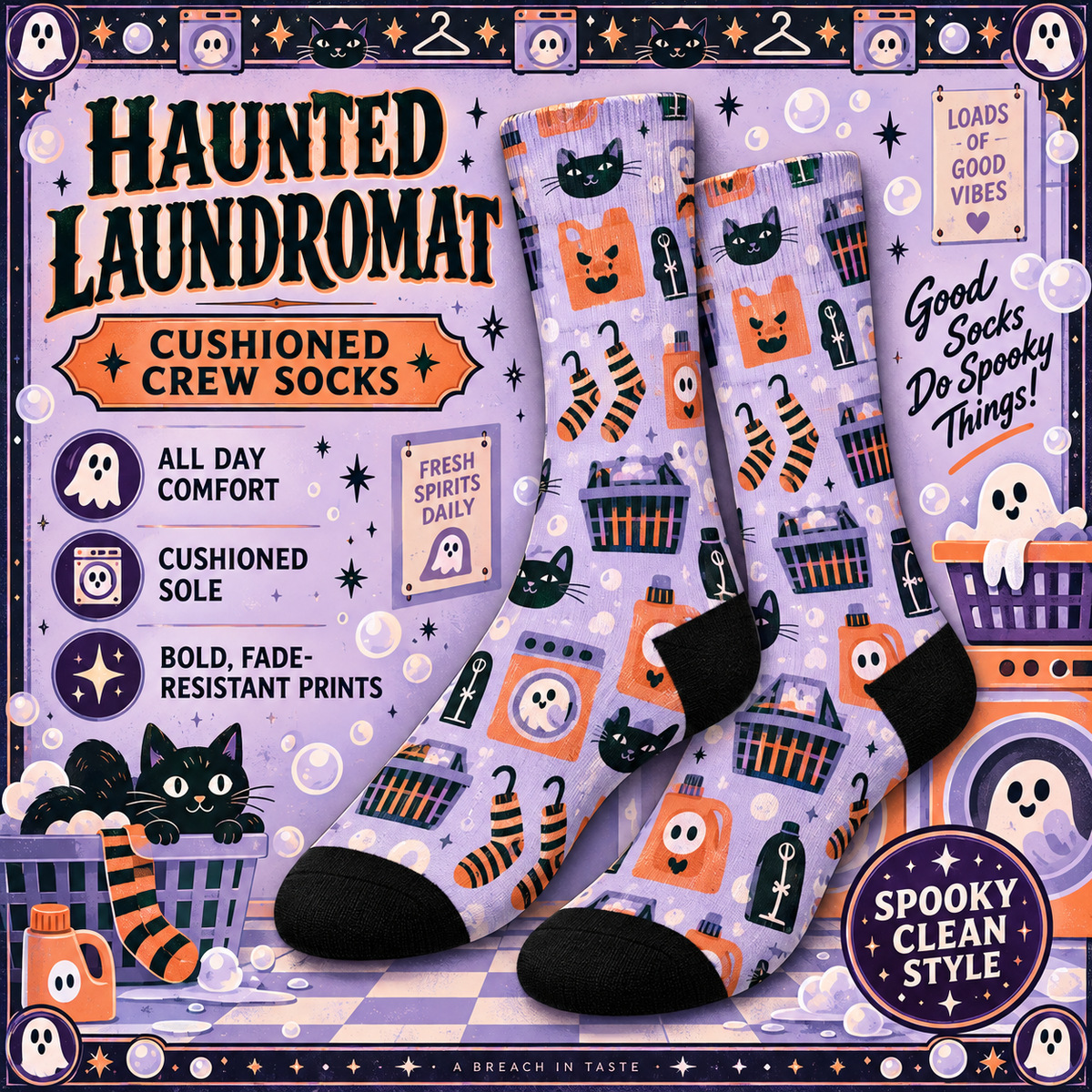 Haunted Laundromat Crew Socks | Ghosts Cats & Washing Machines