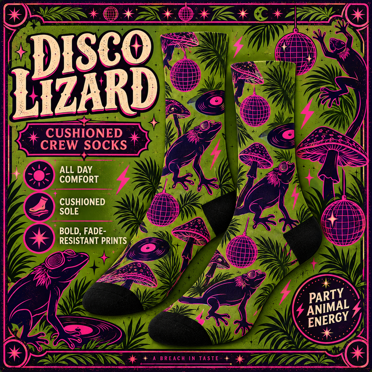 Disco Lizard Crew Socks | Neon Pink Green Retro Jungle