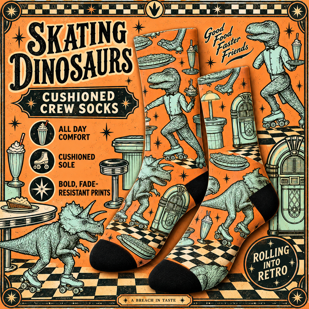 Skating Dinosaur Diner Socks | Retro Roller Skate Dinosaurs
