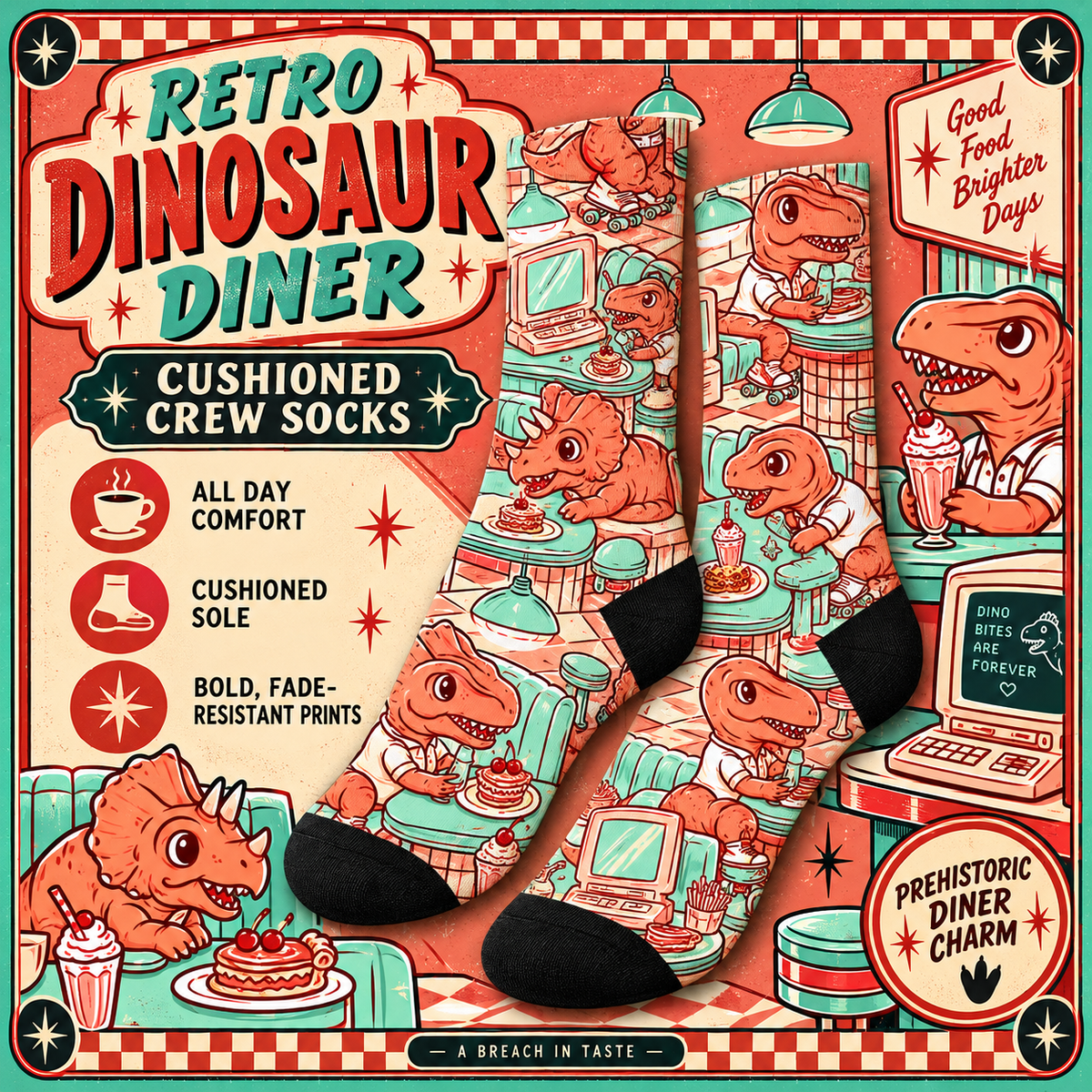 Retro Dinosaur Diner Crew Socks | Mint Coral Vintage Print