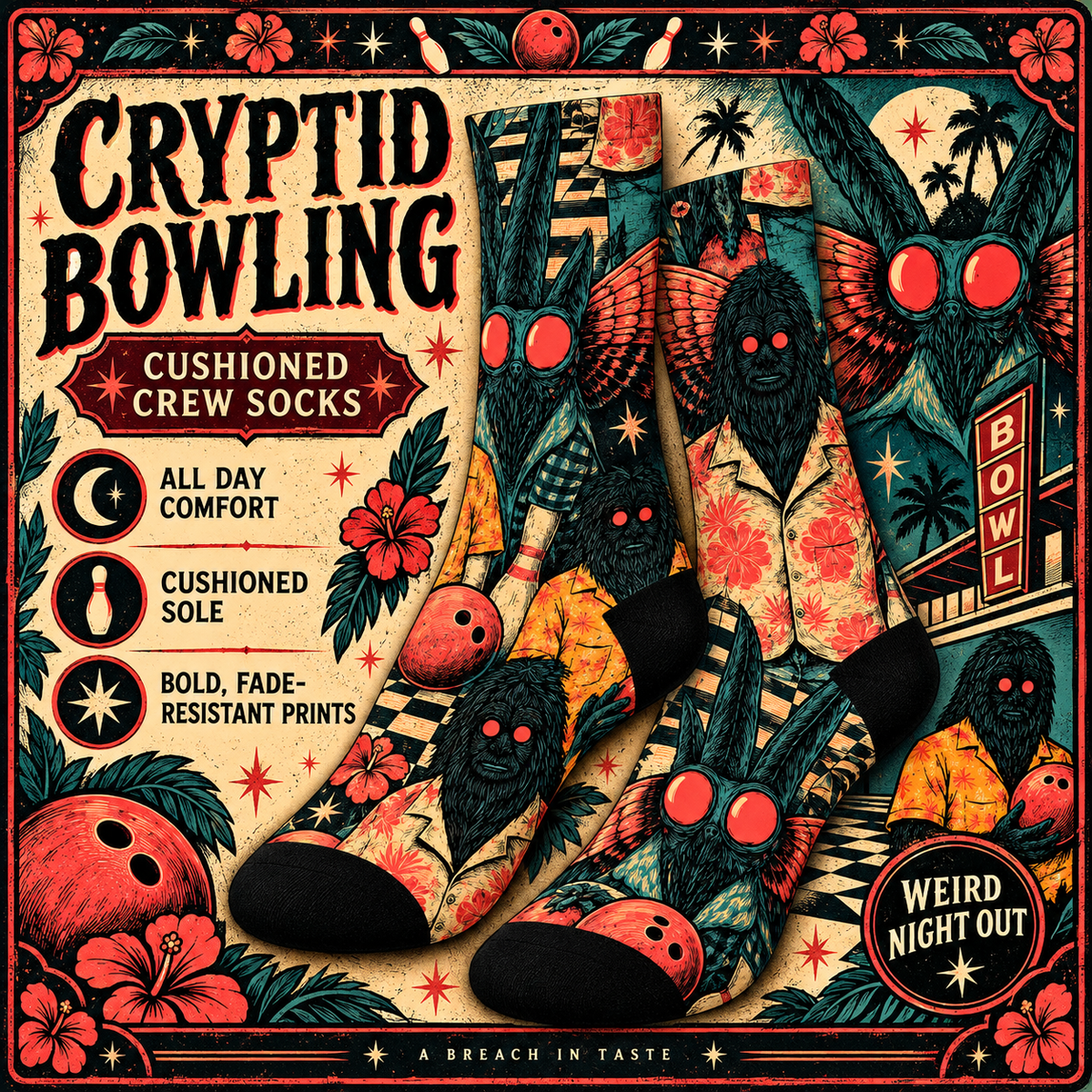 Cryptid Bowling Crew Socks | Mothman Bigfoot Retro Print