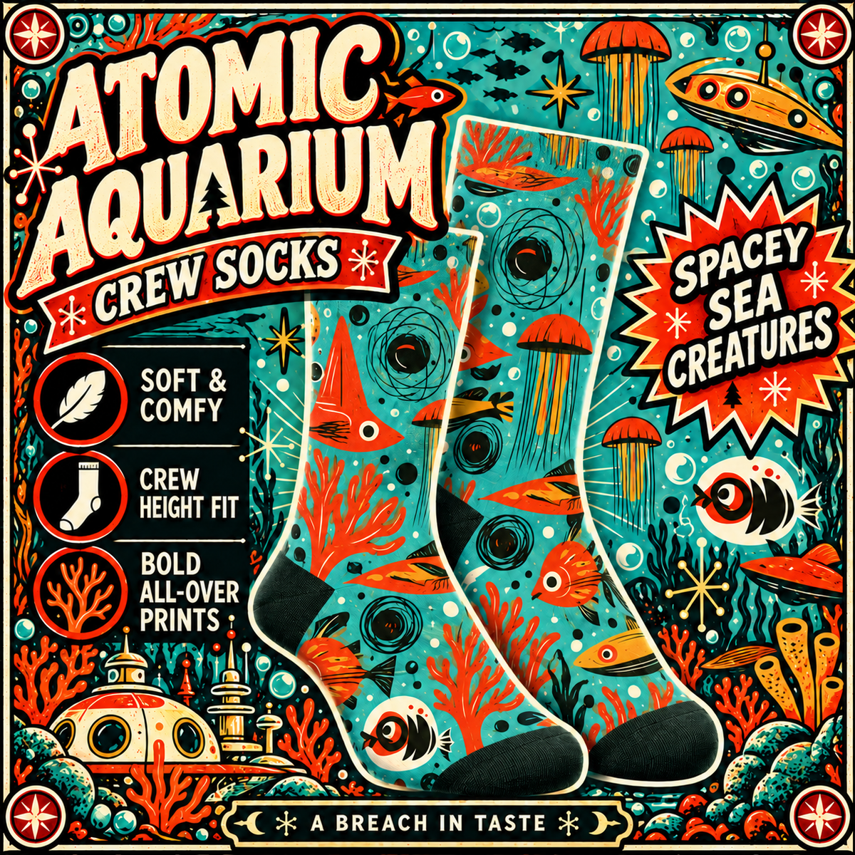 Atomic Aquarium Crew Socks | Retro Orange Fish & Jellyfish