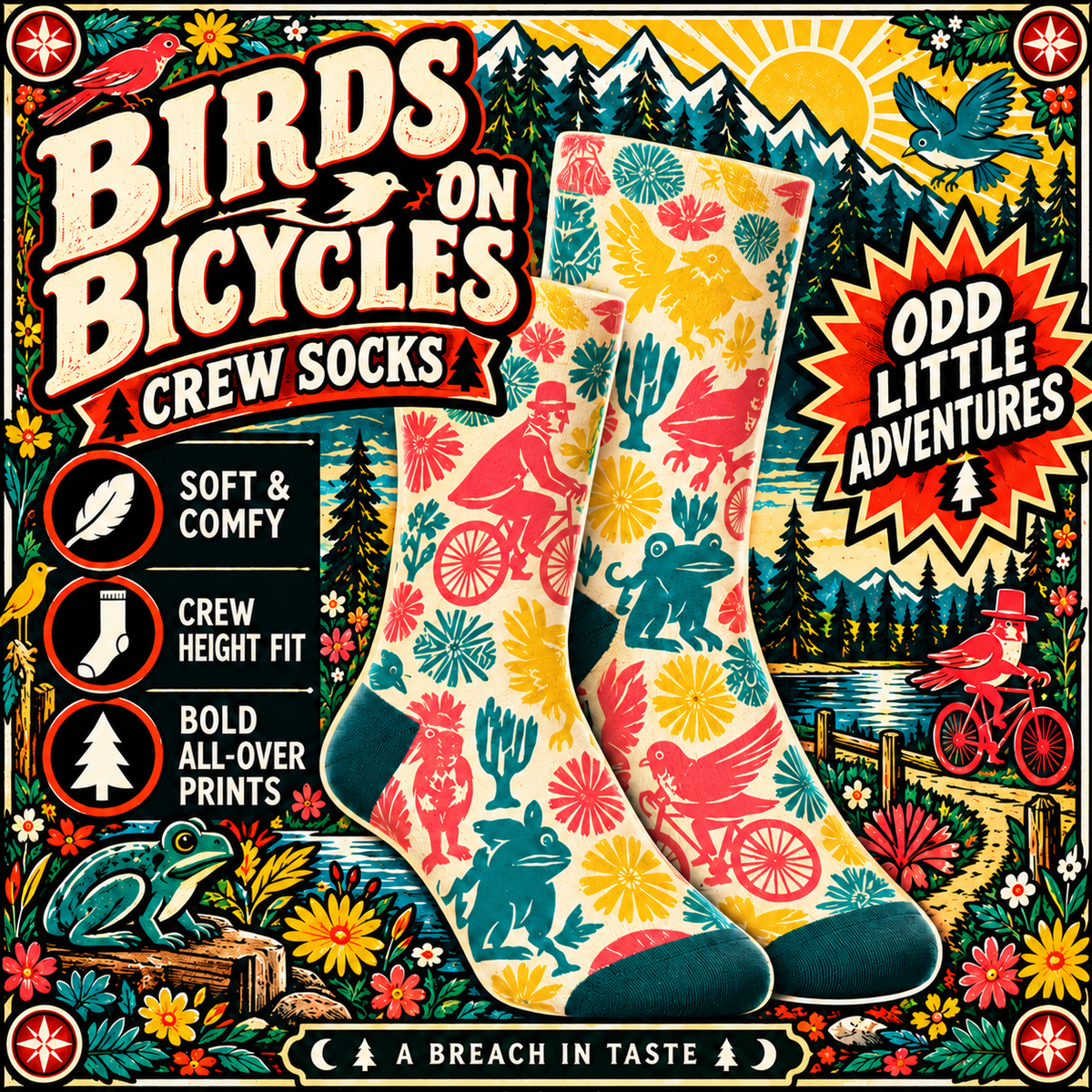 Birds on Bicycles Crew Socks | Retro Roosters & Frogs Print