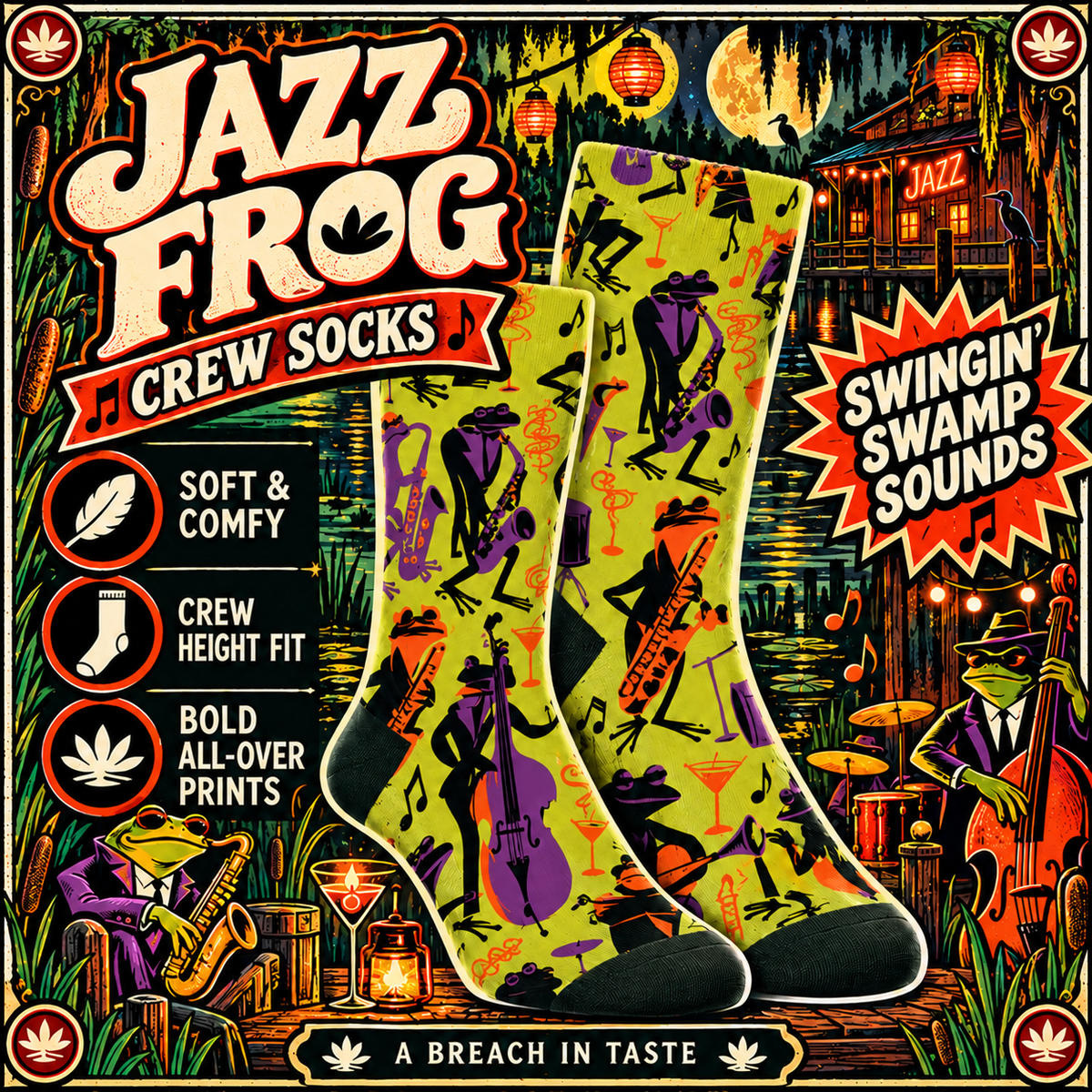 Jazz Frog Crew Socks | Purple Saxophone Band Retro Print