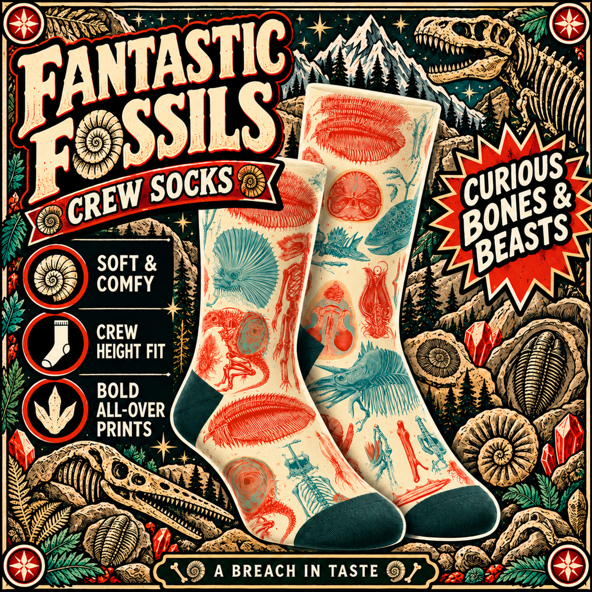 Fantastic Fossils Crew Socks | Coral Teal Anatomy Print