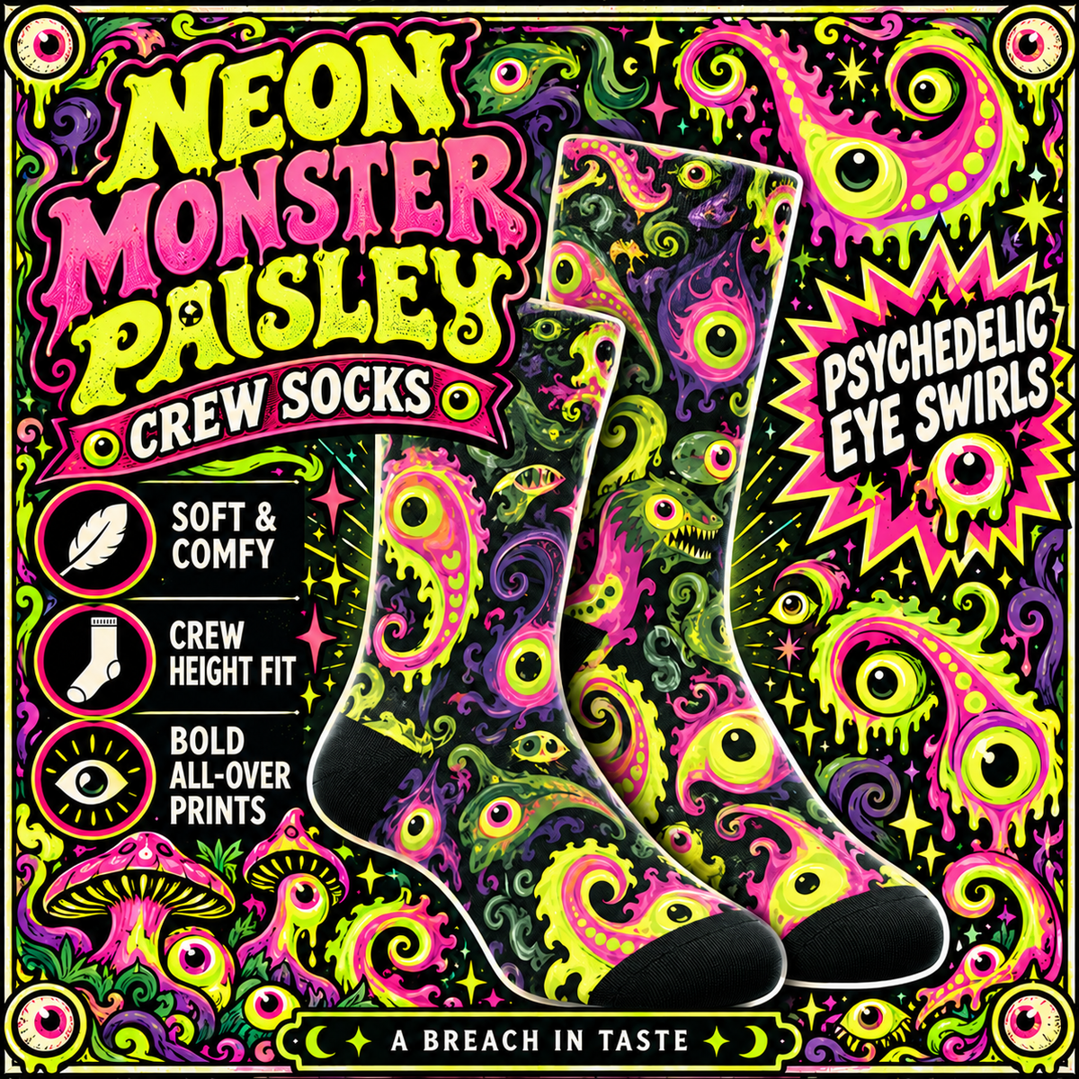 Neon Monster Paisley Crew Socks | Pink Green Psychedelic Eyes
