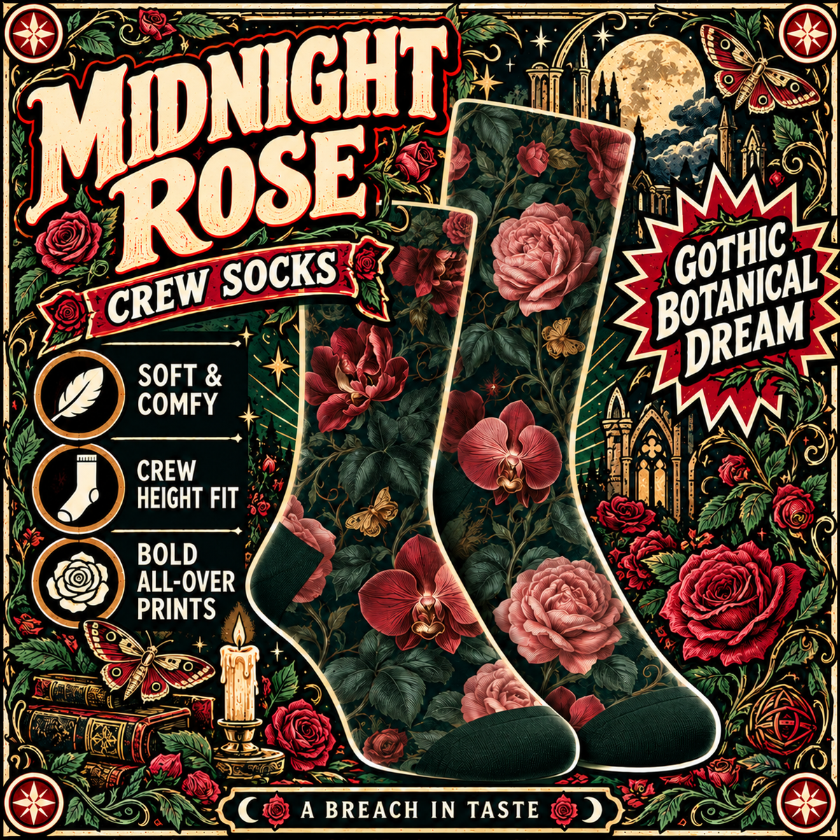 Midnight Rose Crew Socks | Gothic Botanical Moths & Flowers