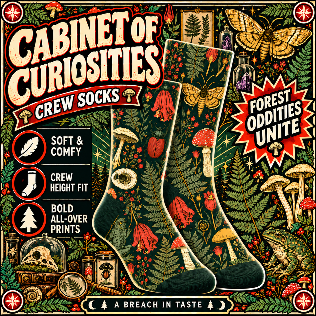 Cabinet of Curiosities Crew Socks | Fern Moth Mushroom Print