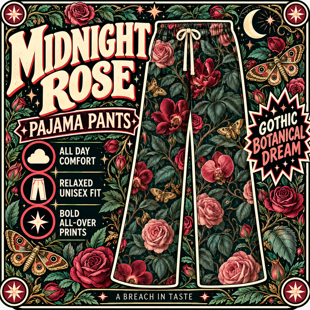 Midnight Rose Pajama Pants | Gothic Botanical Moths & Flowers