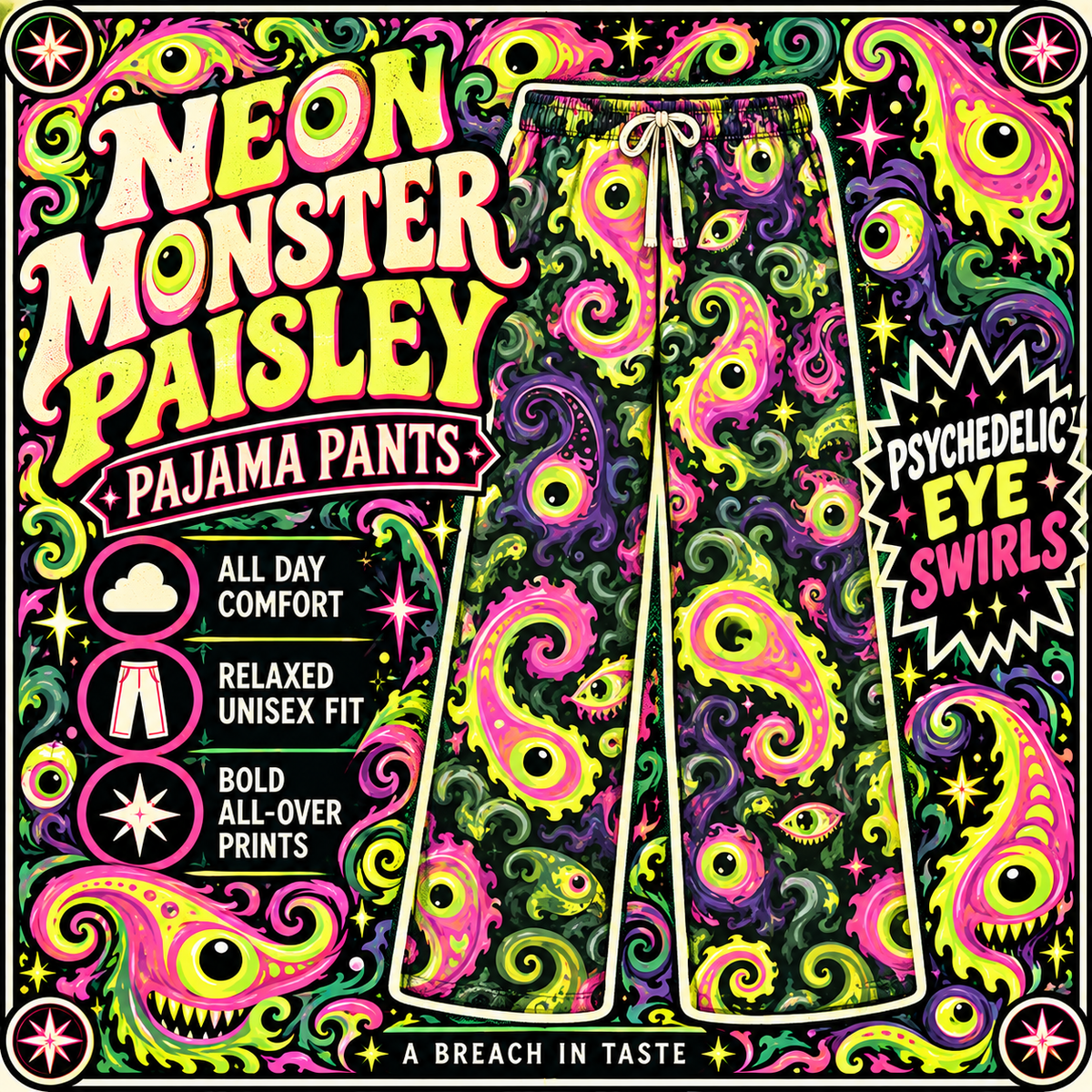 Neon Monster Paisley Pajama Pants | Pink Green Psychedelic Eyes