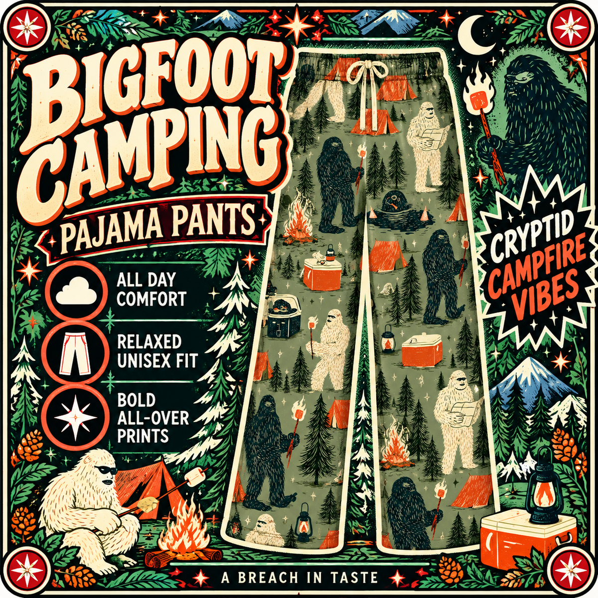 Bigfoot Camping Pajama Pants | Sasquatch Yeti Campfire Print