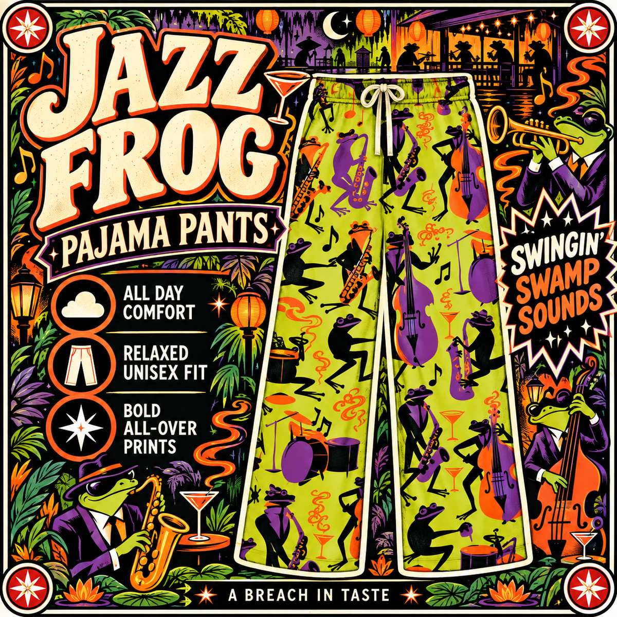 Jazz Frog Pajama Pants | Purple Saxophone Band Retro Print