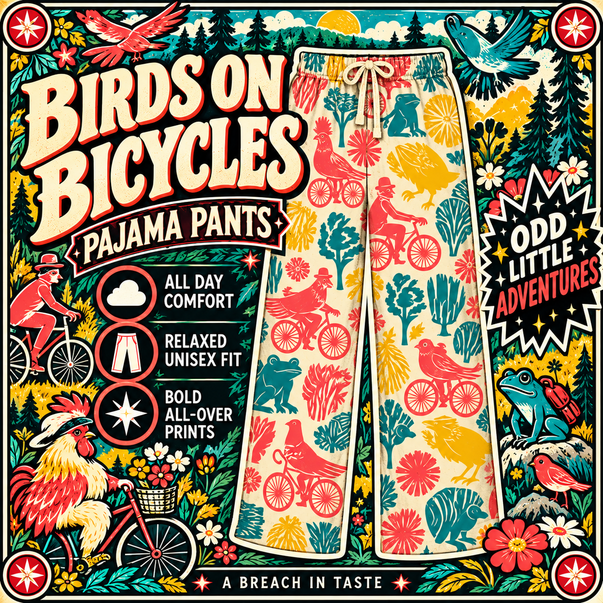Birds on Bicycles Pajama Pants | Retro Rooster Frog Print