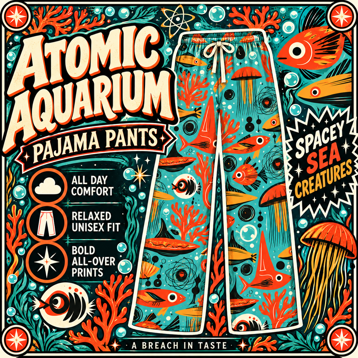 Atomic Aquarium Pajama Pants | Retro Orange Fish & Jellyfish