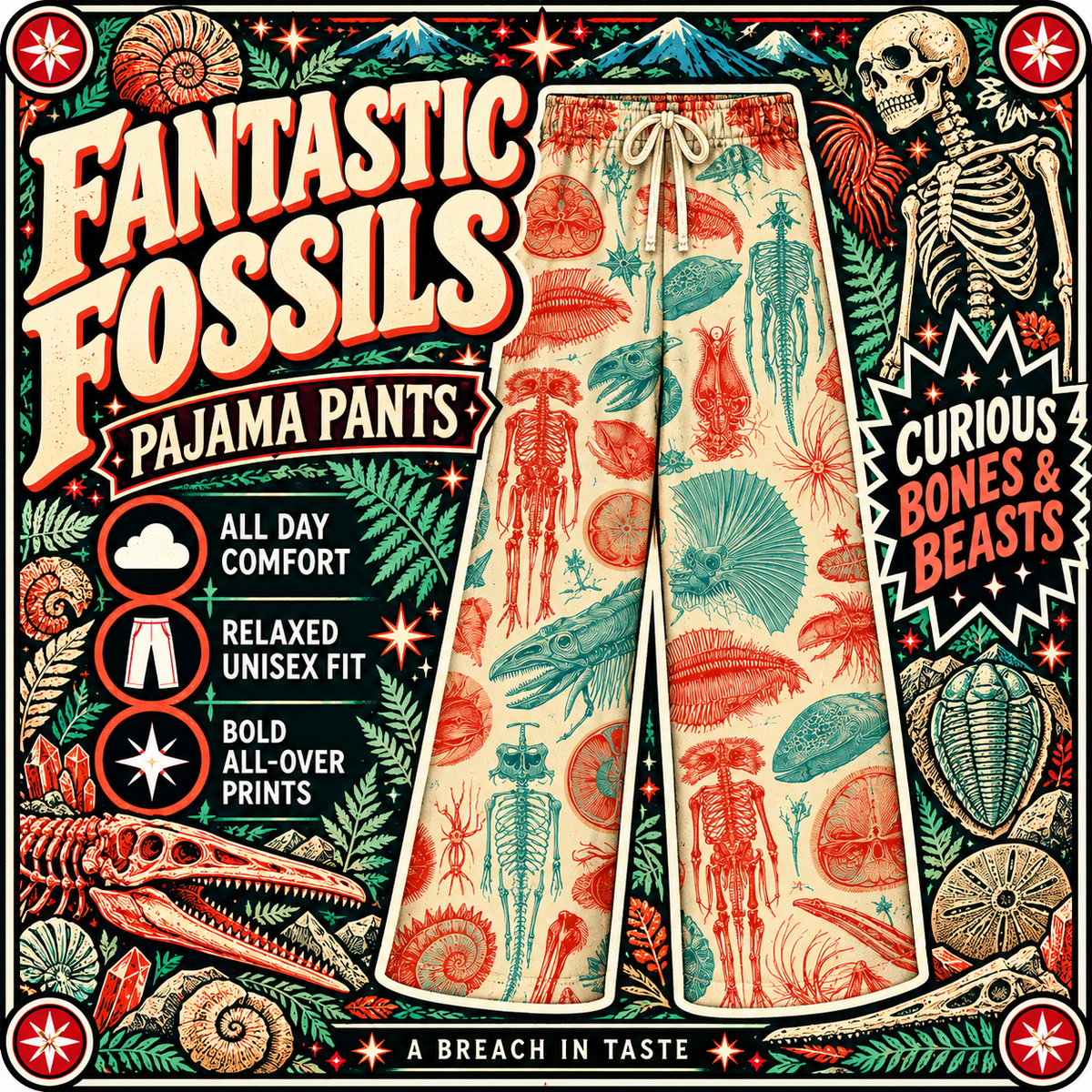 Fantastic Fossils Pajama Pants | Coral Teal Anatomy Illustration