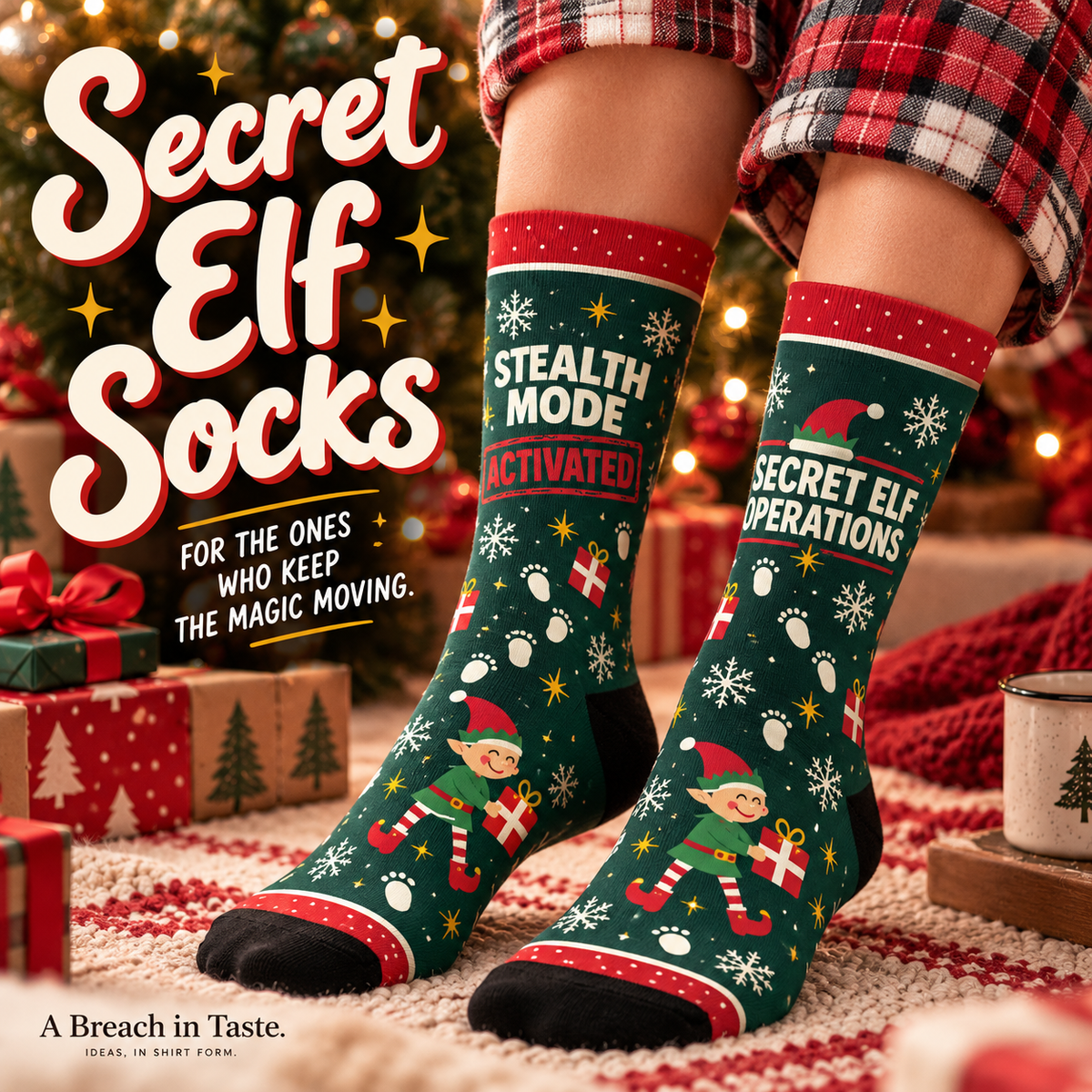 Secret Elf Operations Christmas Socks, Funny Holiday Crew Socks, Christmas Elf Helper Gift for Mom Dad, Nighttime Elf Moving Tradition