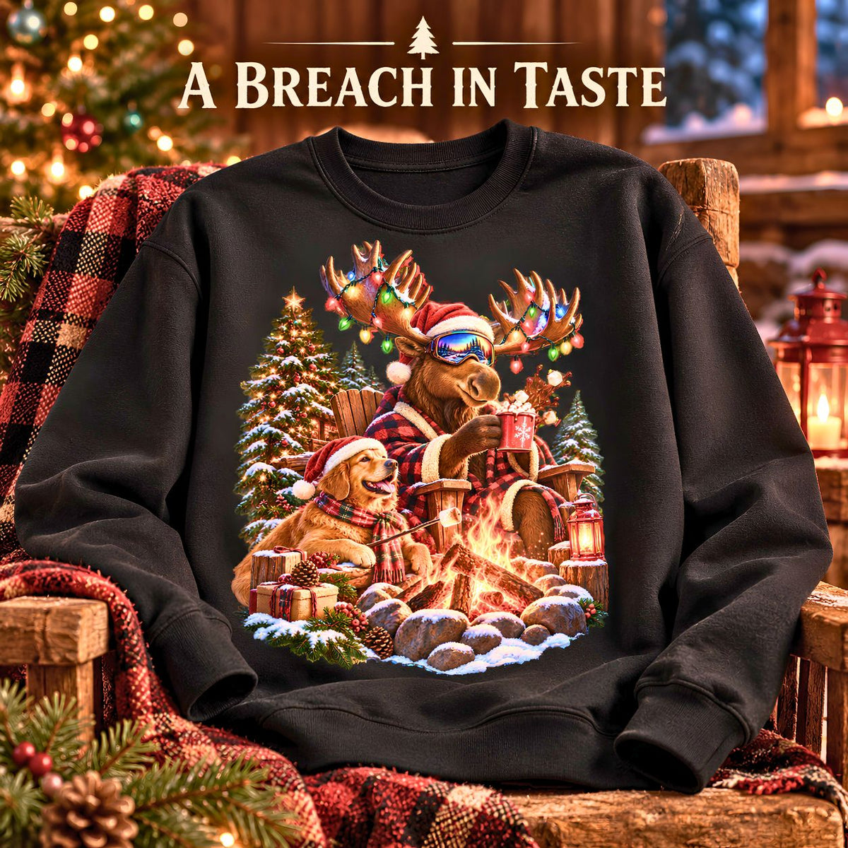 Christmas Moose Sweatshirt, Golden Retriever Christmas Crewneck, Cozy Holiday Campfire, Funny Winter Animal Gift