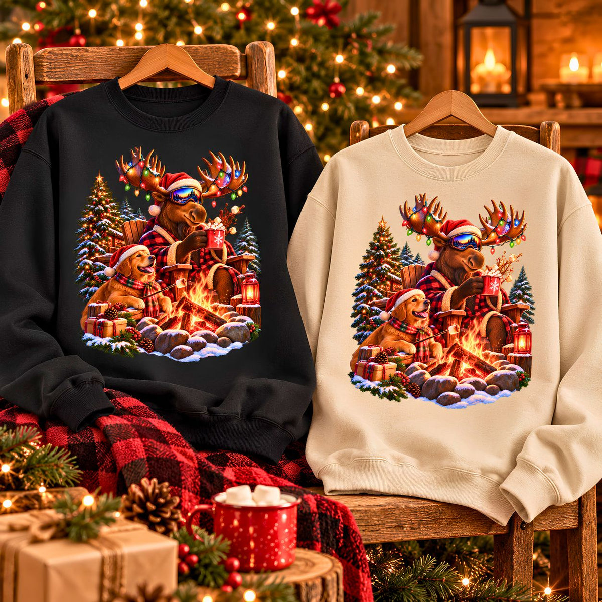 Christmas Moose Sweatshirt, Golden Retriever Christmas Crewneck, Cozy Holiday Campfire, Funny Winter Animal Gift