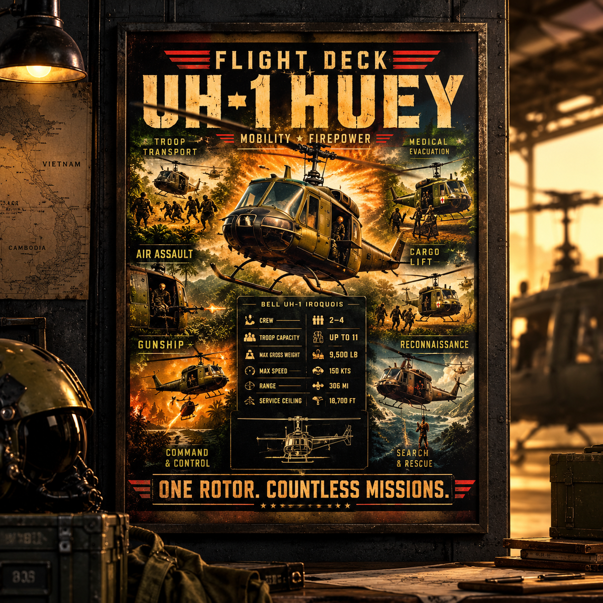 UH-1 Huey Helicopter Poster, Vietnam War Aviation Wall Art, Military Helicopter Print, Bell UH-1 Iroquois, Pilot Gift, Flight Deck Decor